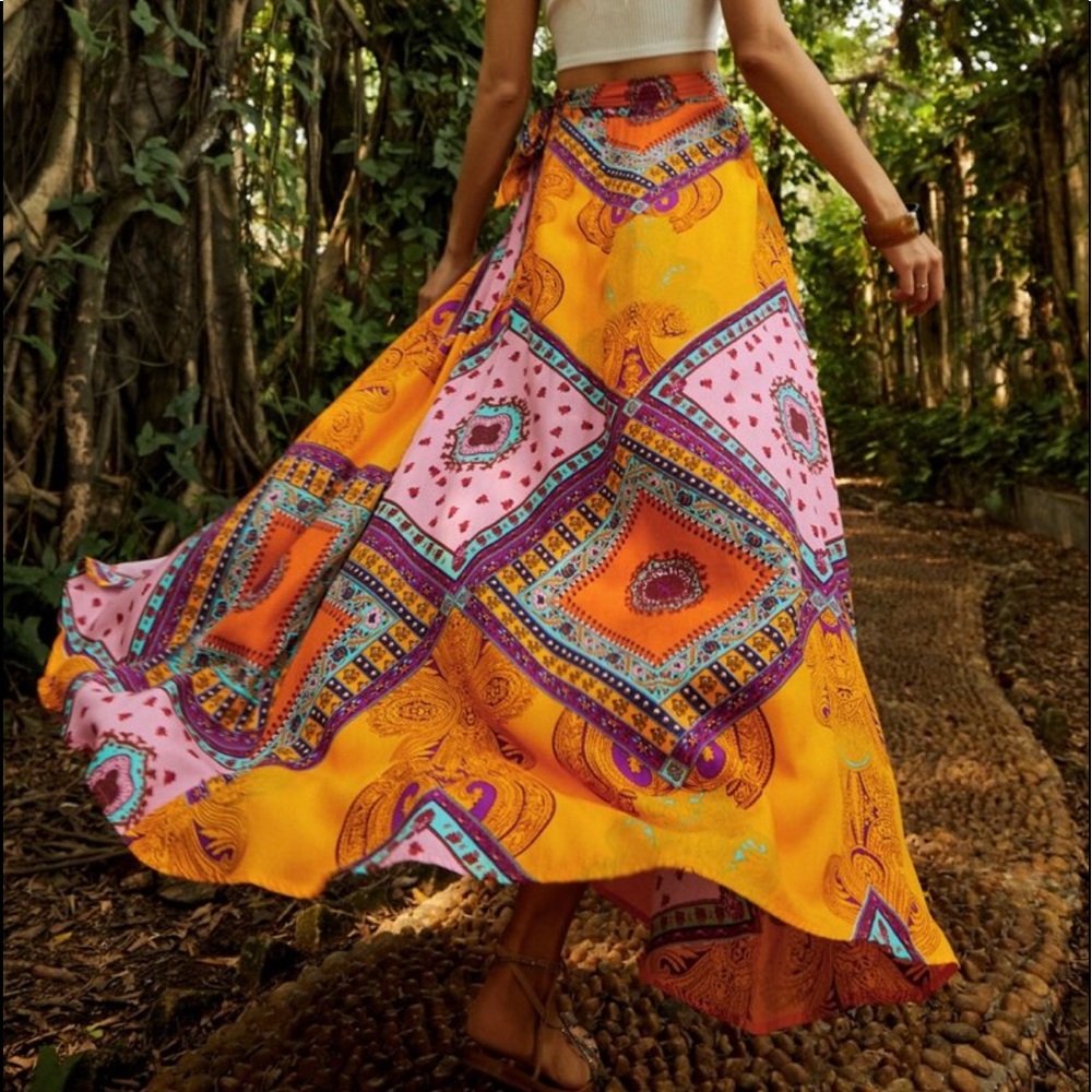 Boho Festival Floral Scarf Print Knot Side Slit Maxi Skirt - Picture 5 of 6